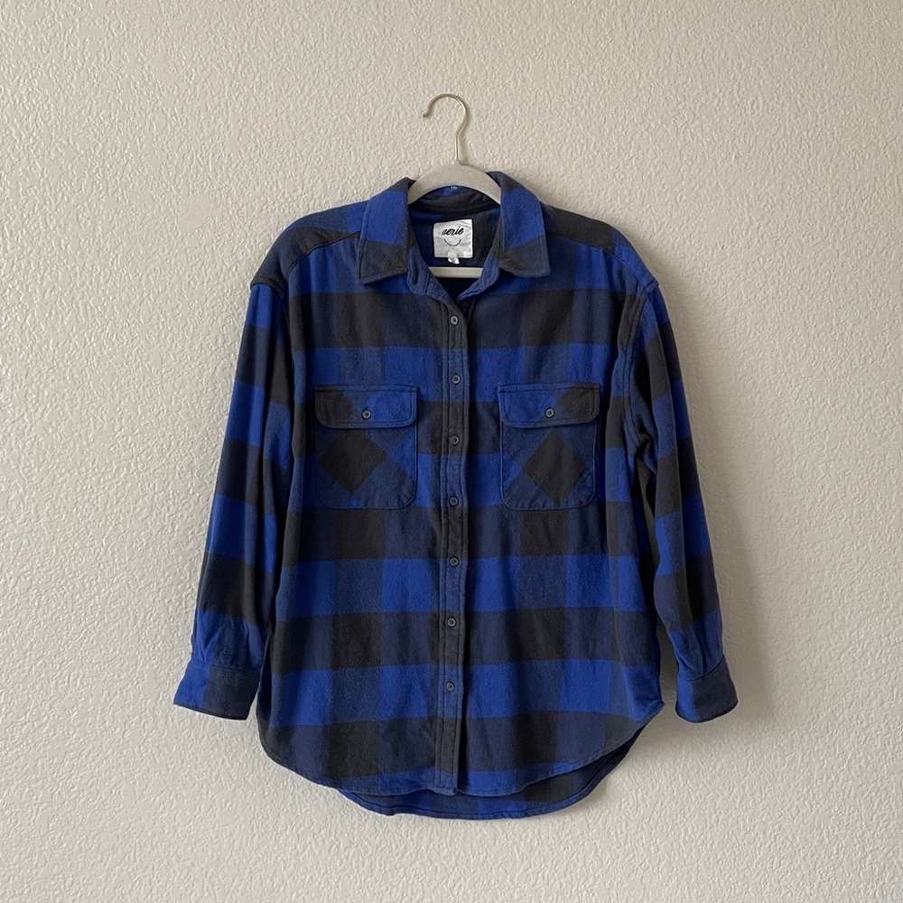 aerie Flannel Shirt Washed Look Oversize Button Up Shirt Blue Buffalo Plaid
